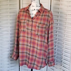 Pilcro long sleeve buttons down plaid burnt orange and brown woman shirt size M